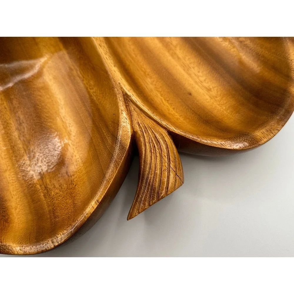 Vintage Hand Carved Monkey Pod Wood Leaf Divided Serving Tray Mid Century Tiki